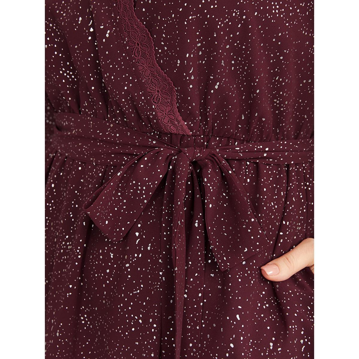 Plus Size Polka Dot Wrap Lace Trim Lantern Sleeve Pocket Belted Dress Burgundy Women Party Pocket V-neck Long Sleeve Curvy Midi Dress BloomChic 12/L Product Image