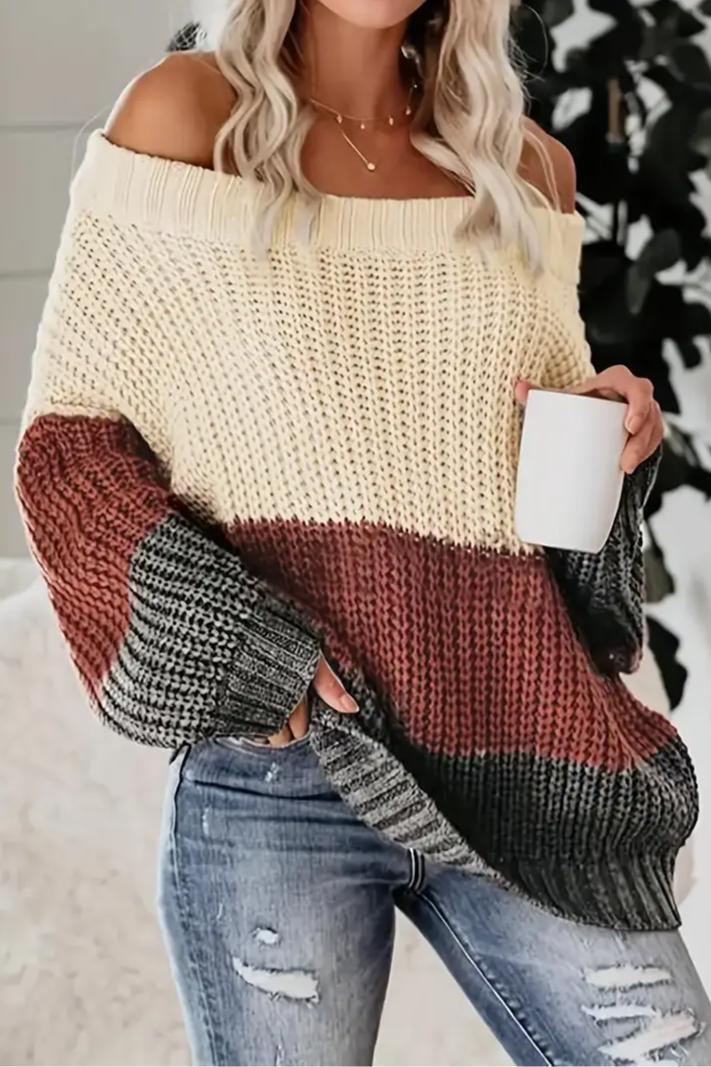 OFF THE SHOULDER COLOR BLOCK KNIT SWEATER Product Image
