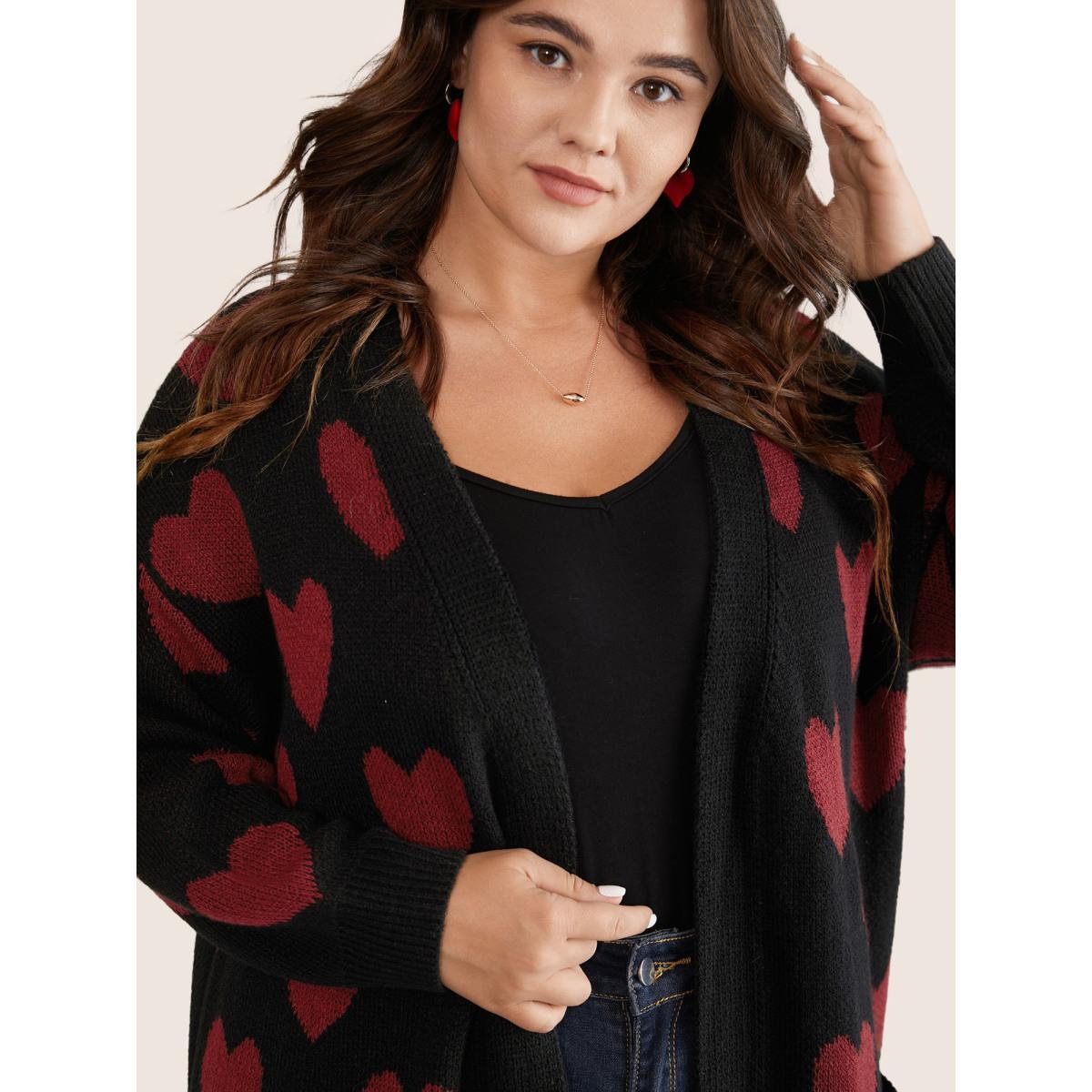 Plus Size Heart Geometric Contrast Pocket Cardigan Black Women Casual Long Sleeve Everyday Cardigans BloomChic 10/M Product Image