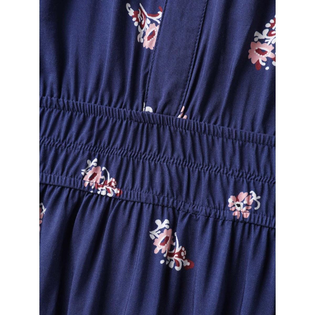Plus Size Paisley Print Shirred Waist Midi Dress DarkBlue Women Flat collar with V-notch Elbow-length sleeve Curvy BloomChic 14-16/1X Product Image
