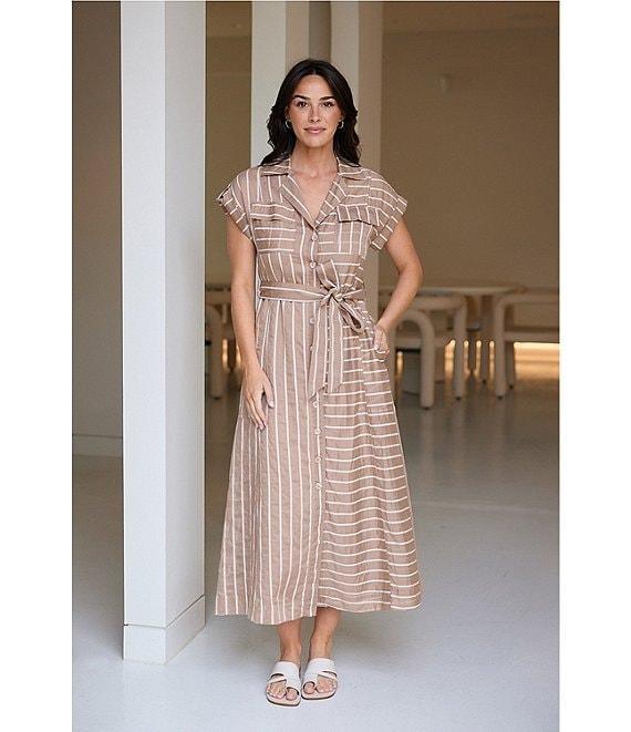 Brave + True Portia Short Sleeve Striped Collared Button Front Midi Dress Product Image