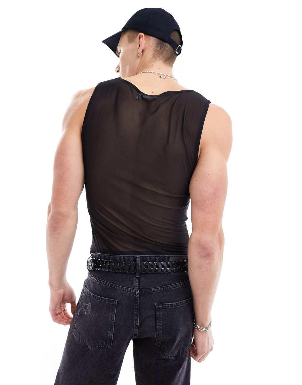 ASOS DESIGN muscle tank top in black mesh  Product Image