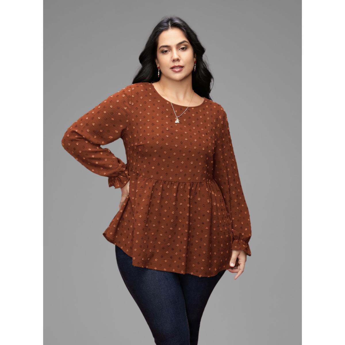 Plus Size Rust Textured Dot Elastic Cuffs A-line Blouse Women Casual Long Sleeve Round Neck Everyday Blouses BloomChic 12/L Product Image