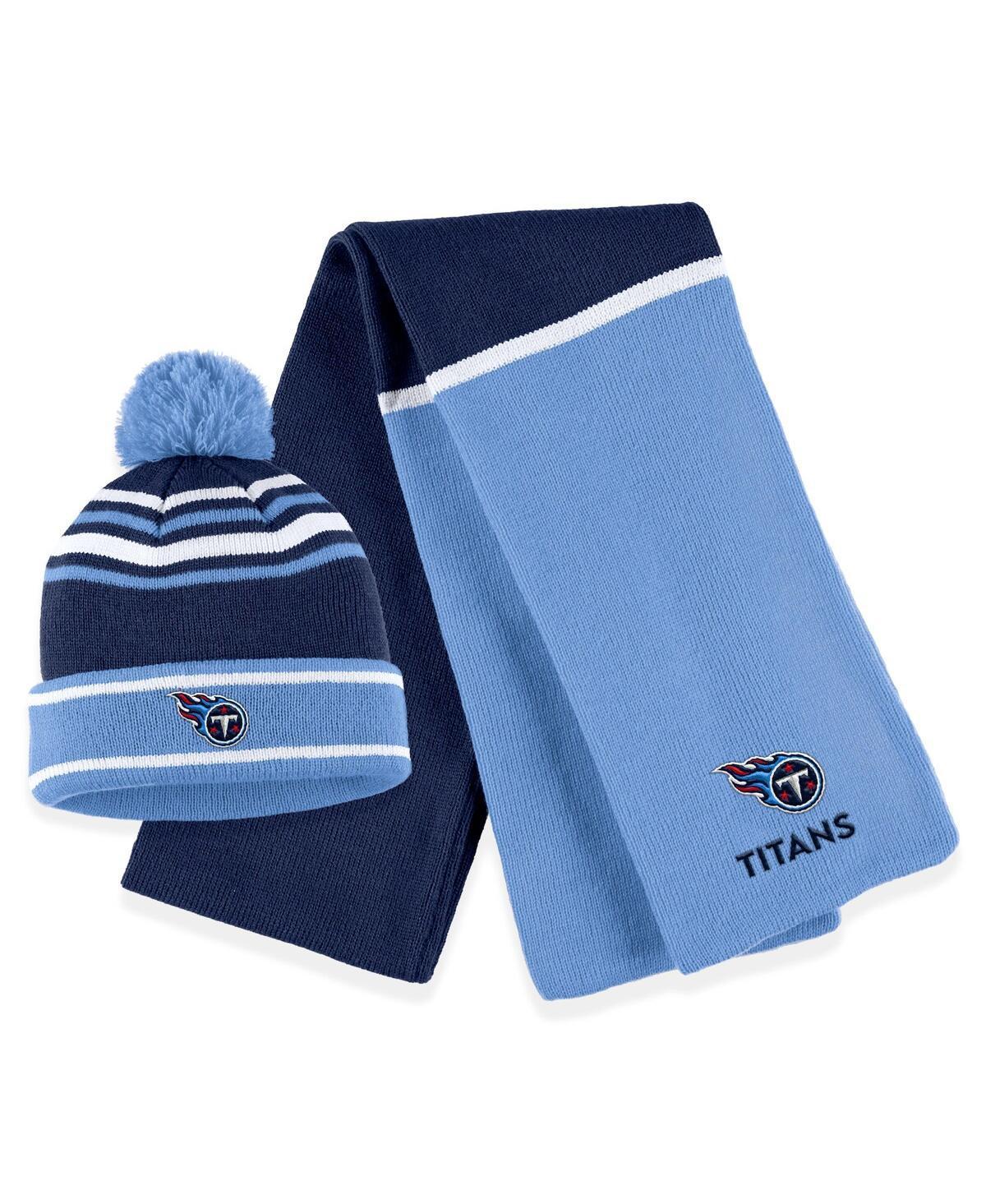 Women's WEAR by Erin Andrews Powder Blue Los Angeles Chargers Colorblock Cuffed Knit Hat with Pom and Scarf Set, Light Product Image