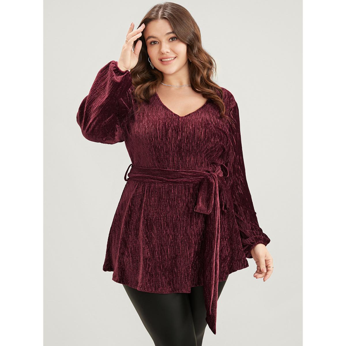 Plus Size Burgundy Glitter Textured Lantern Sleeve Belted Ruffle Blouse Women Party Long Sleeve V-neck Going out Blouses BloomChic 22-24/3X Product Image