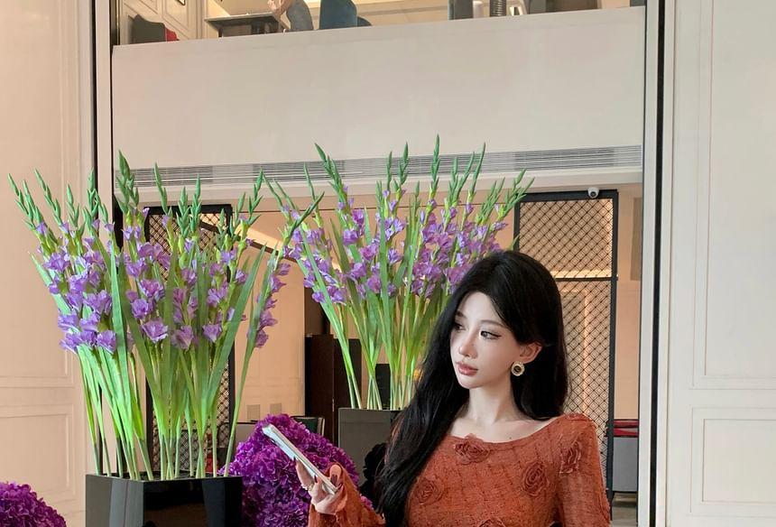Set: Long-Sleeve Boat Neck Floral Maxi A-Line Dress + Slipdress Product Image