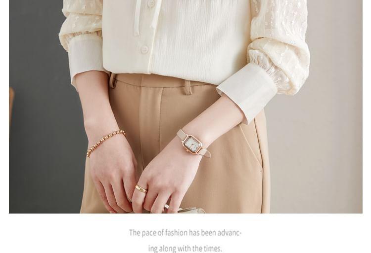 Long-Sleeve Stand Collar Jacquard Frill Trim Tie Front Button-Up Blouse Product Image