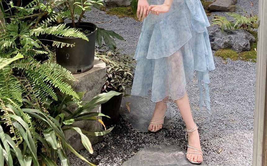 Spaghetti Strap Floral Print Asymmetrical Shirred Midi A-Line Dress Product Image