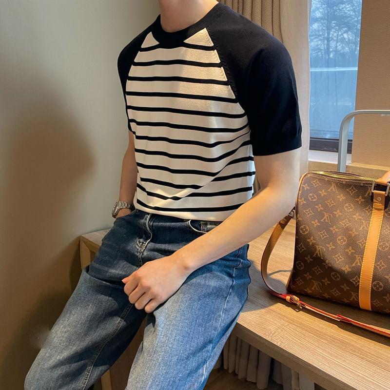 Short-Sleeve Crew Neck Striped Raglan Knit Top Product Image