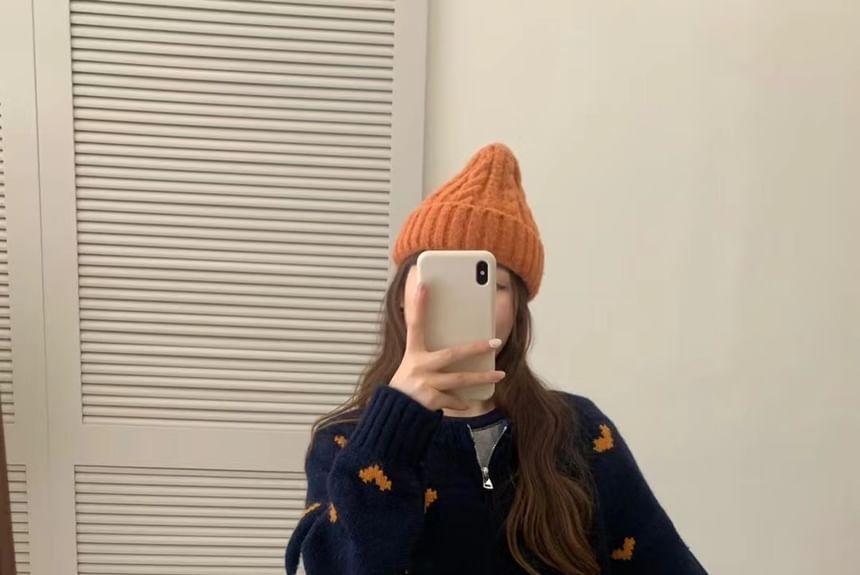Crew Neck Heart Jacquard Zip-Up Cardigan Product Image
