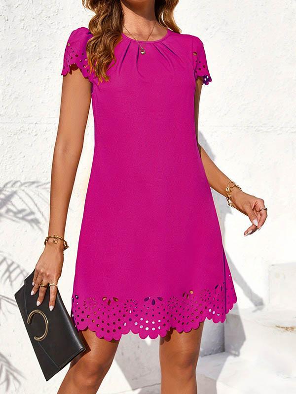 Loose Short Sleeves Hollow Pleated Solid Color Split-Joint Round-Neck Mini Dresses Product Image