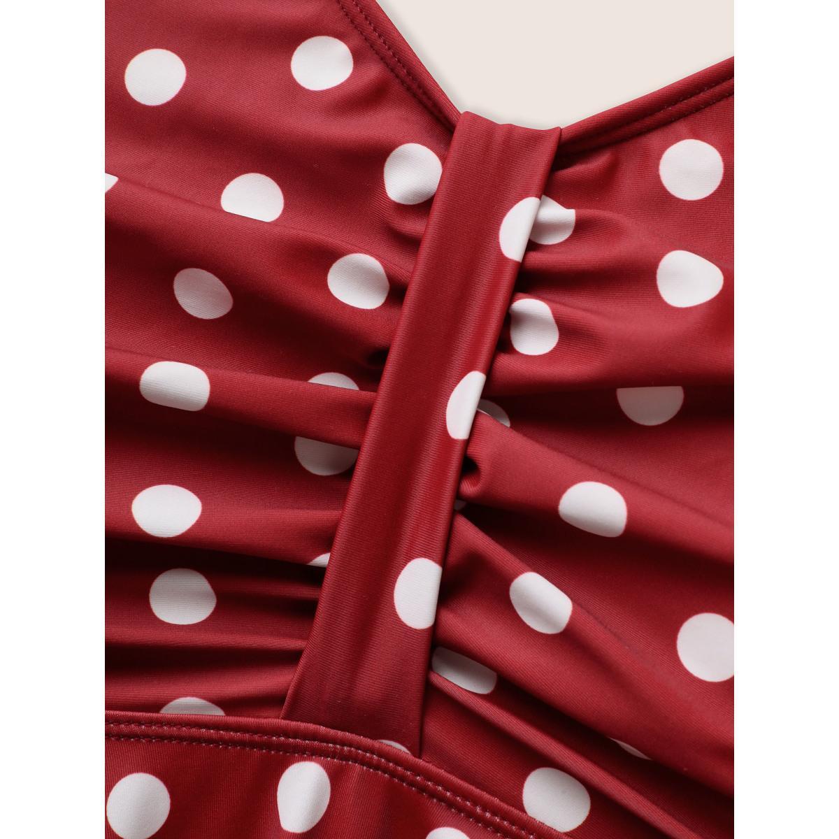 Plus Size Polka Dot Ruched Ruffle Trim Swim Top Women's Swimwear Russet Beach Gathered High stretch Bodycon V-neck Curve Swim Tops BloomChic 30/6X Product Image