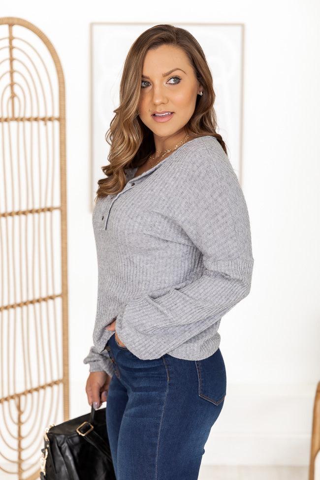 Lasting Words Split Heather Grey V-Neck Ribbed Blouse FINAL SALE Product Image
