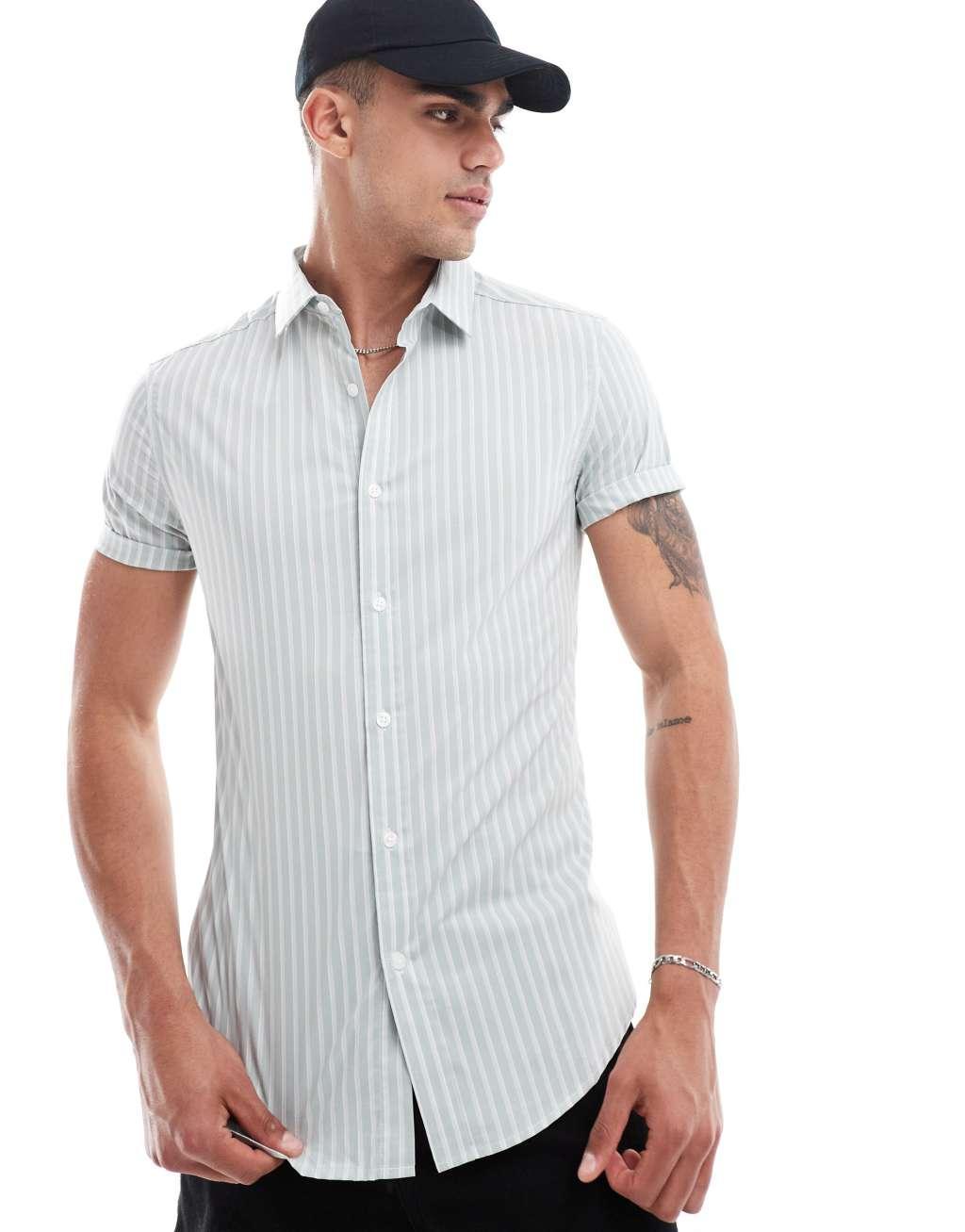 ASOS DESIGN skinny fit stripe work shirt with roll sleeves in light green Product Image