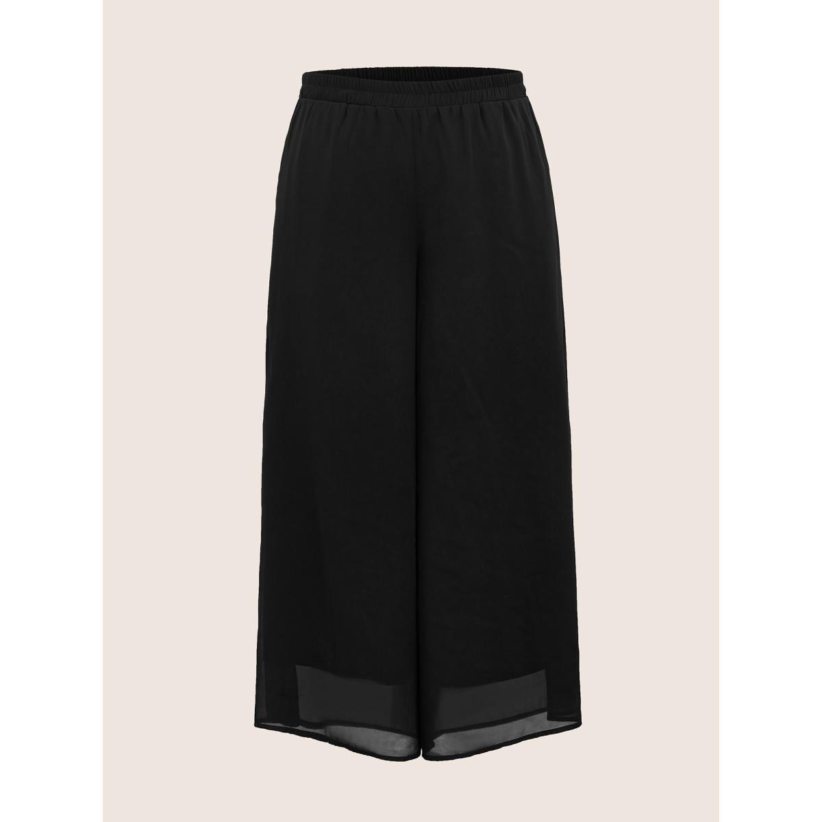 Plus Size Mid Rise Mesh Elastic Waist Wide Leg Pants Women Black Elegant Loose Mid Rise Everyday Pants BloomChic 26/4X Product Image