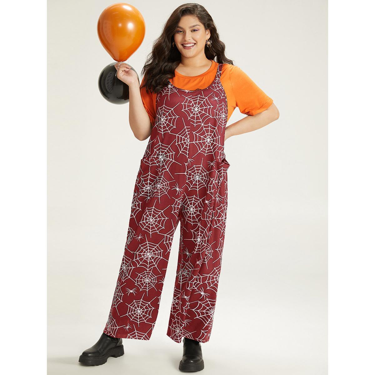 Plus Size DarkGreen Halloween Spider Web Print Pocket Overall Cami Jumpsuit Women Casual Sleeveless Spaghetti Strap Festival-Halloween Loose Jumpsuits BloomChic 10/M Product Image