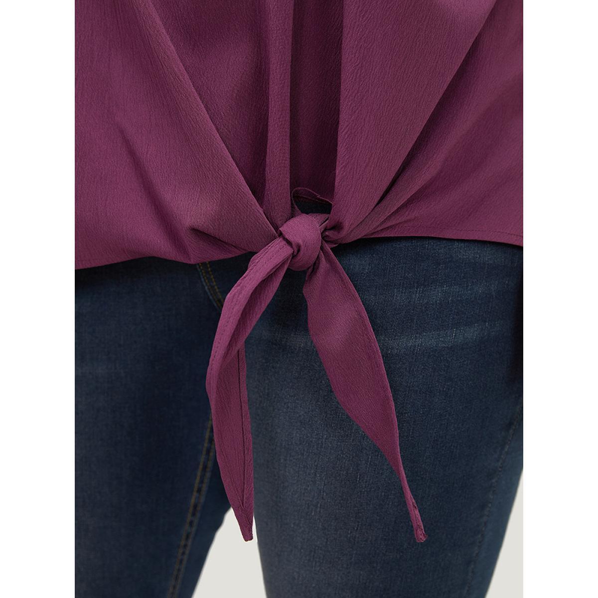 Plus Size Purple Solid Lace Insert Dolman Sleeve Knot Hem Blouse Women Office Short sleeve Round Neck Dailywear Blouses BloomChic 26/4X Product Image