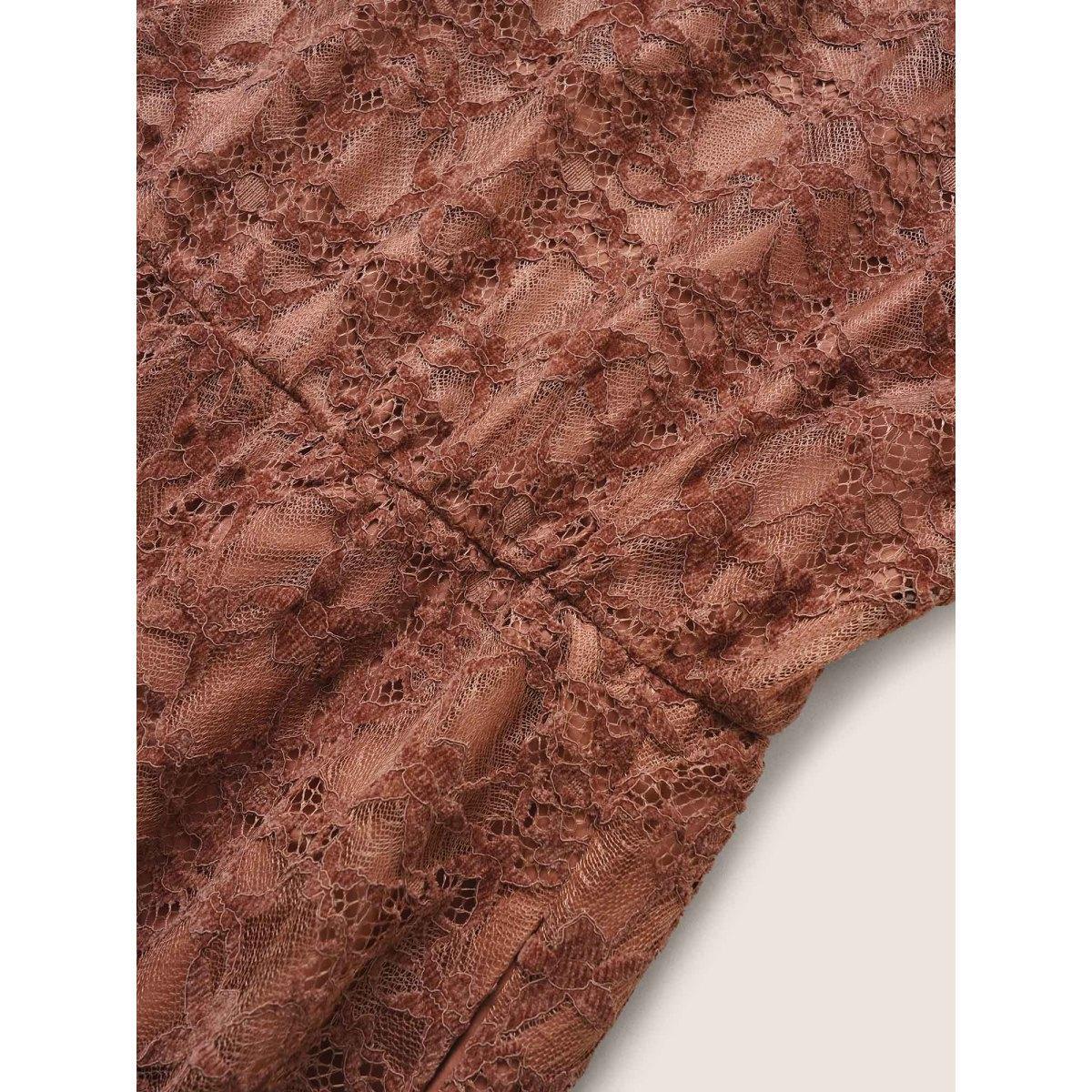 Plus Size Crochet Lace Mesh Tiered Ruffle Trim Dress Burgundy Women Elegant Texture V-neck Sleeveless Curvy Midi Dress BloomChic 26/4X Product Image
