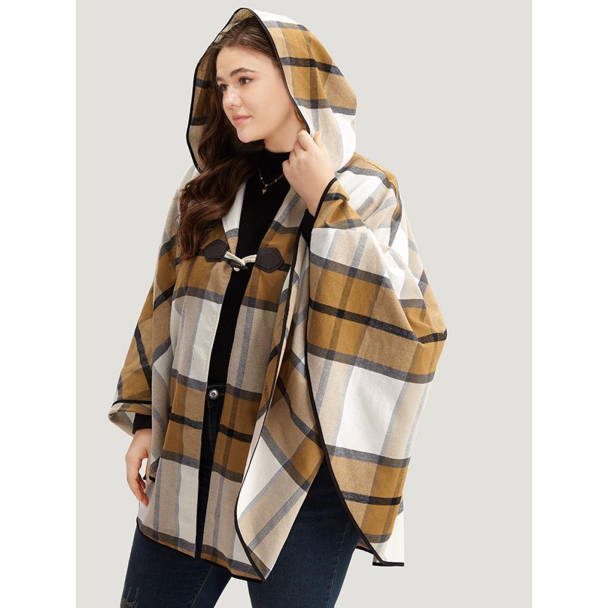 Plus Size Plaid Duffle Button Hooded Cape Coat Women Bronze Casual Button Loose Ladies Dailywear Winter Coats BloomChic 22-24/3X Product Image