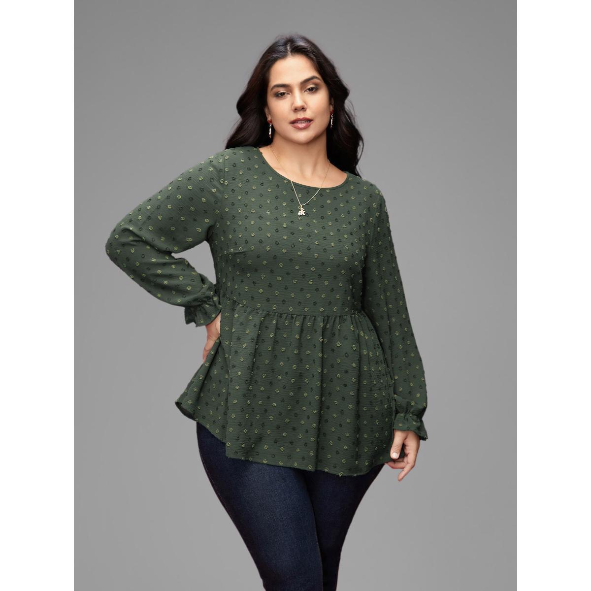 Plus Size Rust Textured Dot Elastic Cuffs A-line Blouse Women Casual Long Sleeve Round Neck Everyday Blouses BloomChic 12/L Product Image