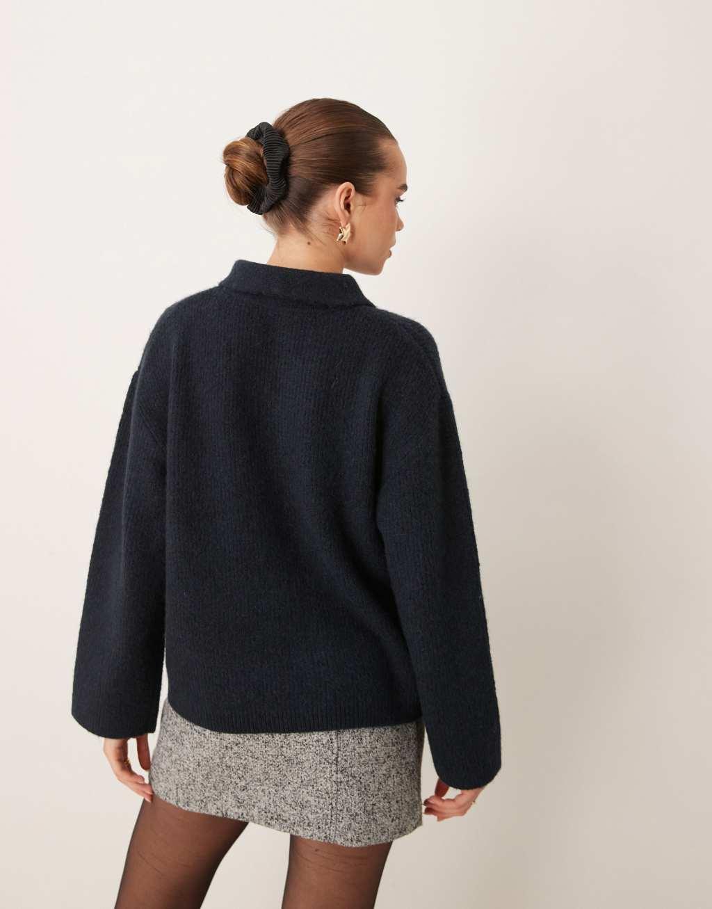 Gina Tricot knitted button polo collar long sleeve top in blue Product Image