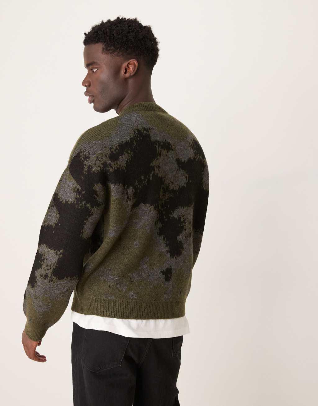 ASOS DESIGN relaxed boxy fit knit crew neck sweater with pattern in black Product Image