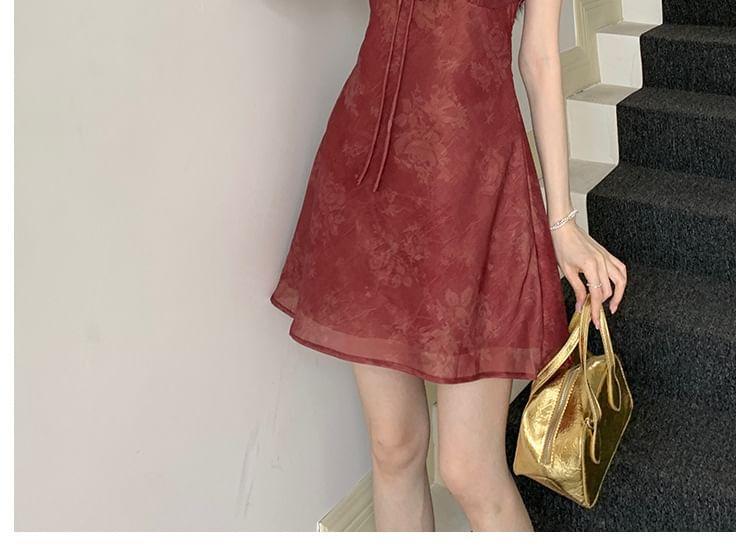 Cap-Sleeve V-Neck Floral Bow Ruffle Trim Mini A-Line Dress Product Image