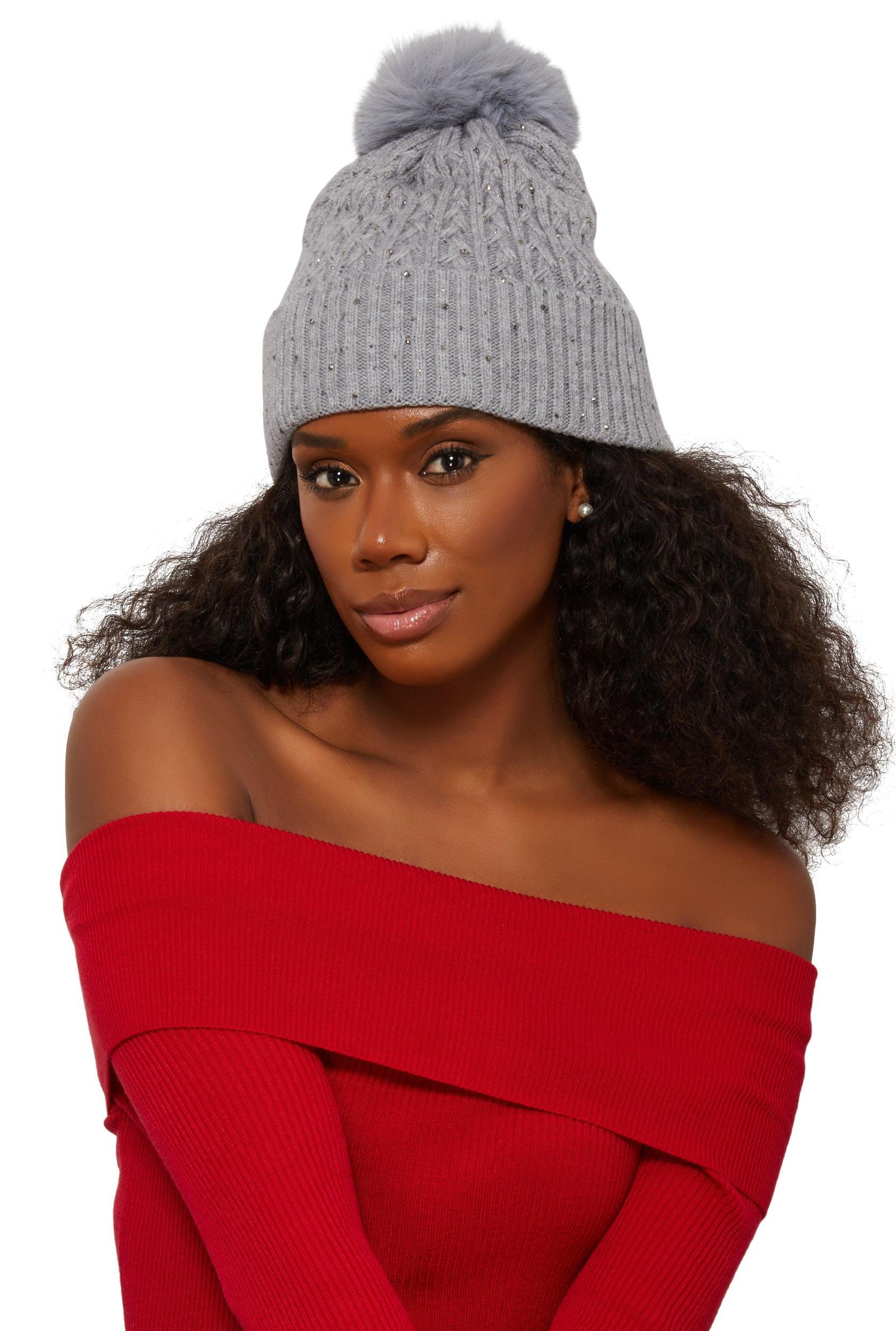 Rhinestone Cable Knit Pom Pom Beanie Female Product Image