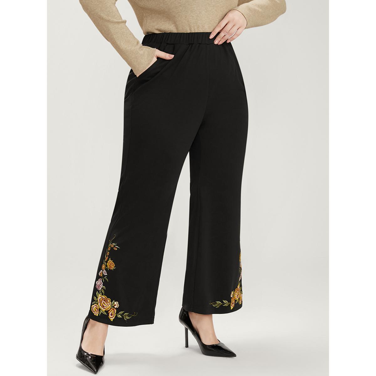 Plus Size Floral Embroidered Pocket Elastic Waist Bootcut Pants Women Black Elegant Bootcut Mid Rise Dailywear Pants BloomChic 30/6X Product Image