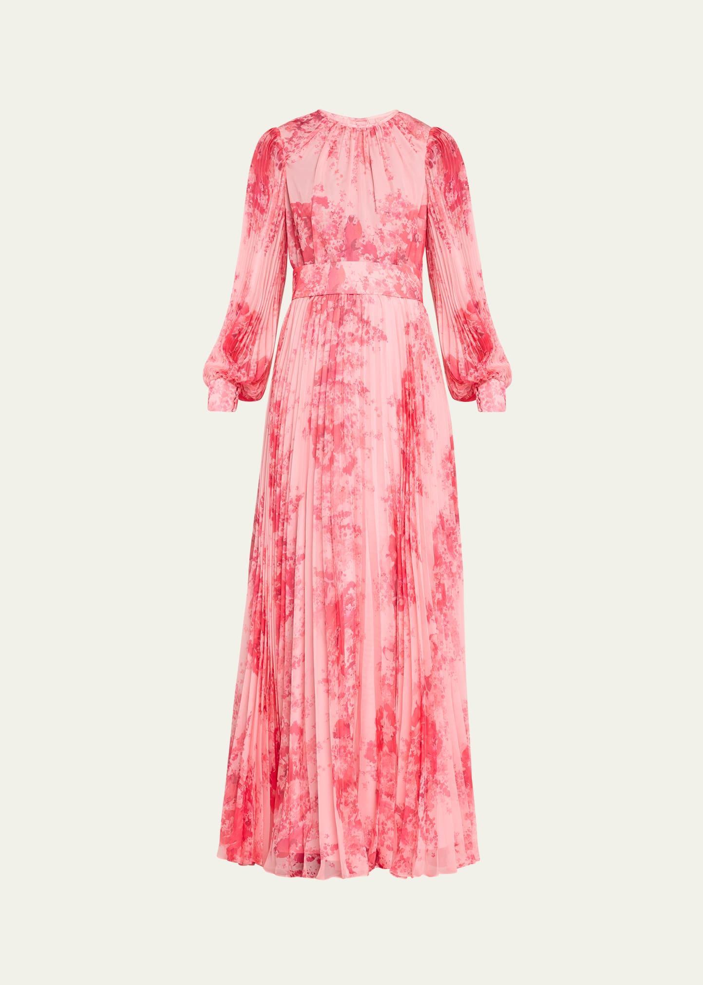 Womens Floral-Printed Pleated Gown Product Image