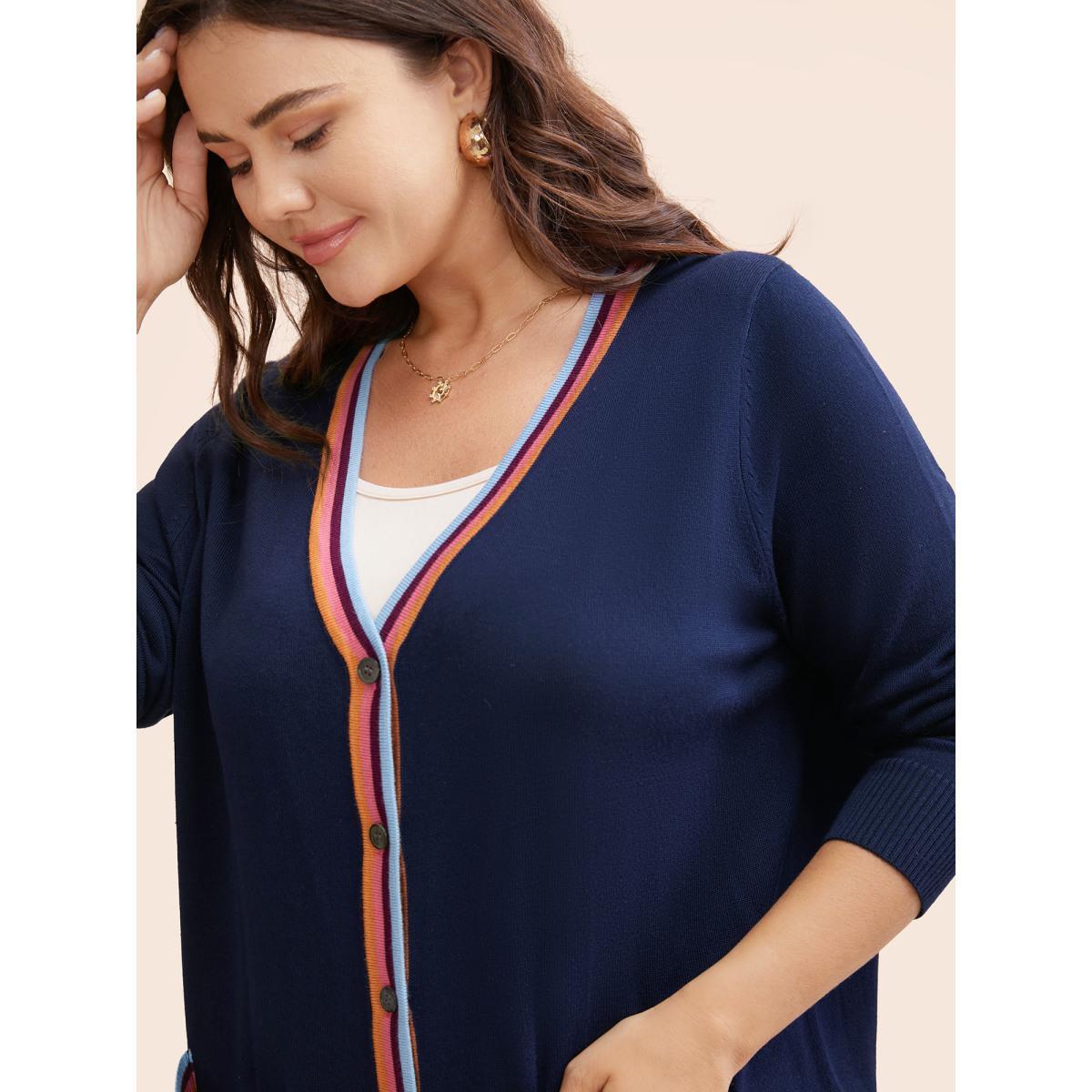 Plus Size Contrast Striped Trim Patch Pocket Cardigan Indigo Women Casual Loose Long Sleeve Everyday Cardigans BloomChic 14-16/1X Product Image