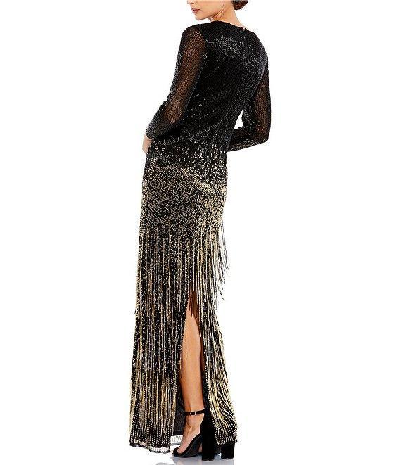 Mac Duggal Ombre Beaded Crew Neck Long Sleeve Sheath Gown Product Image