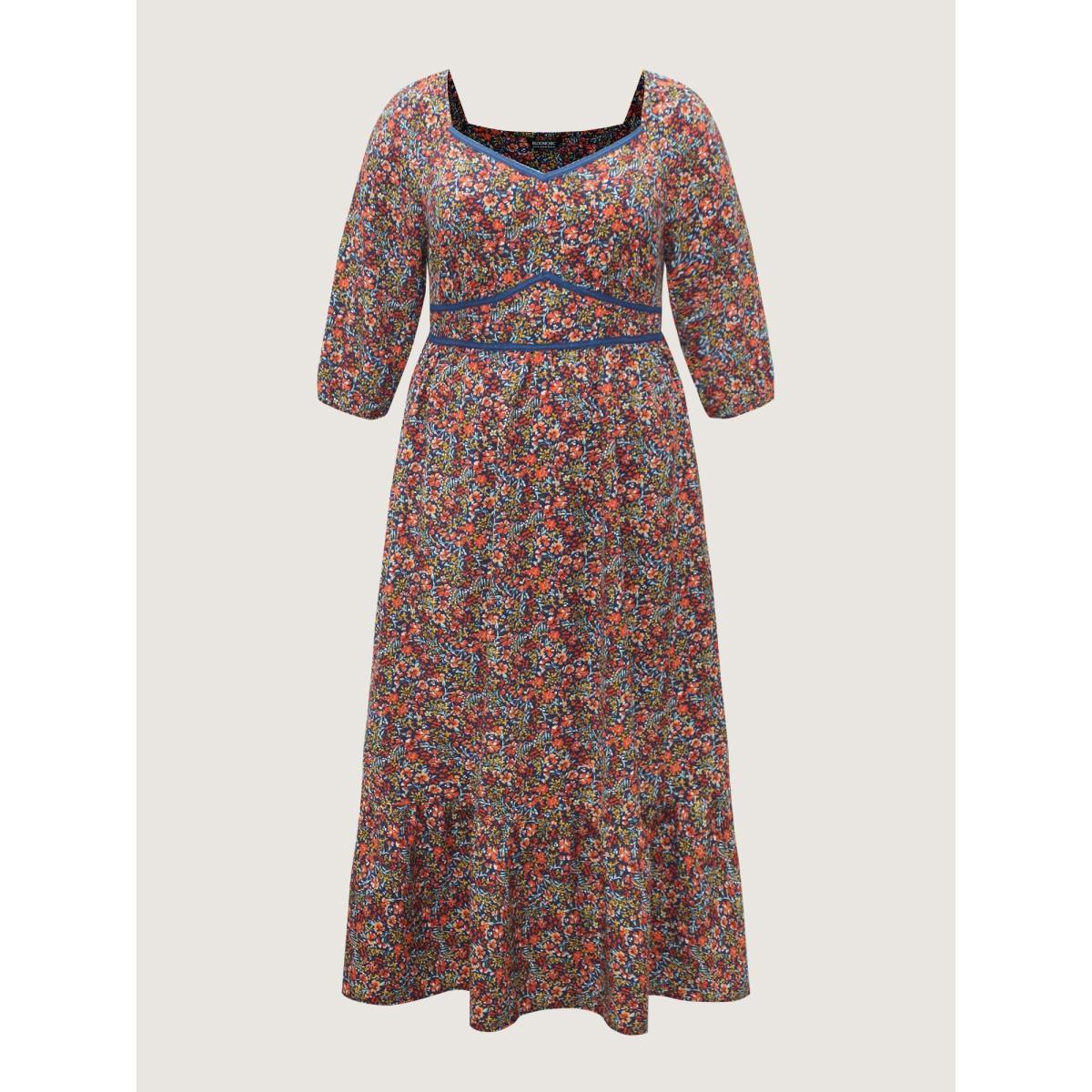 Plus Size Ditsy Floral Woven Ribbon Maxi Dress Navy Women Elegant Woven ribbon&lace trim Heart neckline Elbow-length sleeve Curvy BloomChic 28/5X Product Image