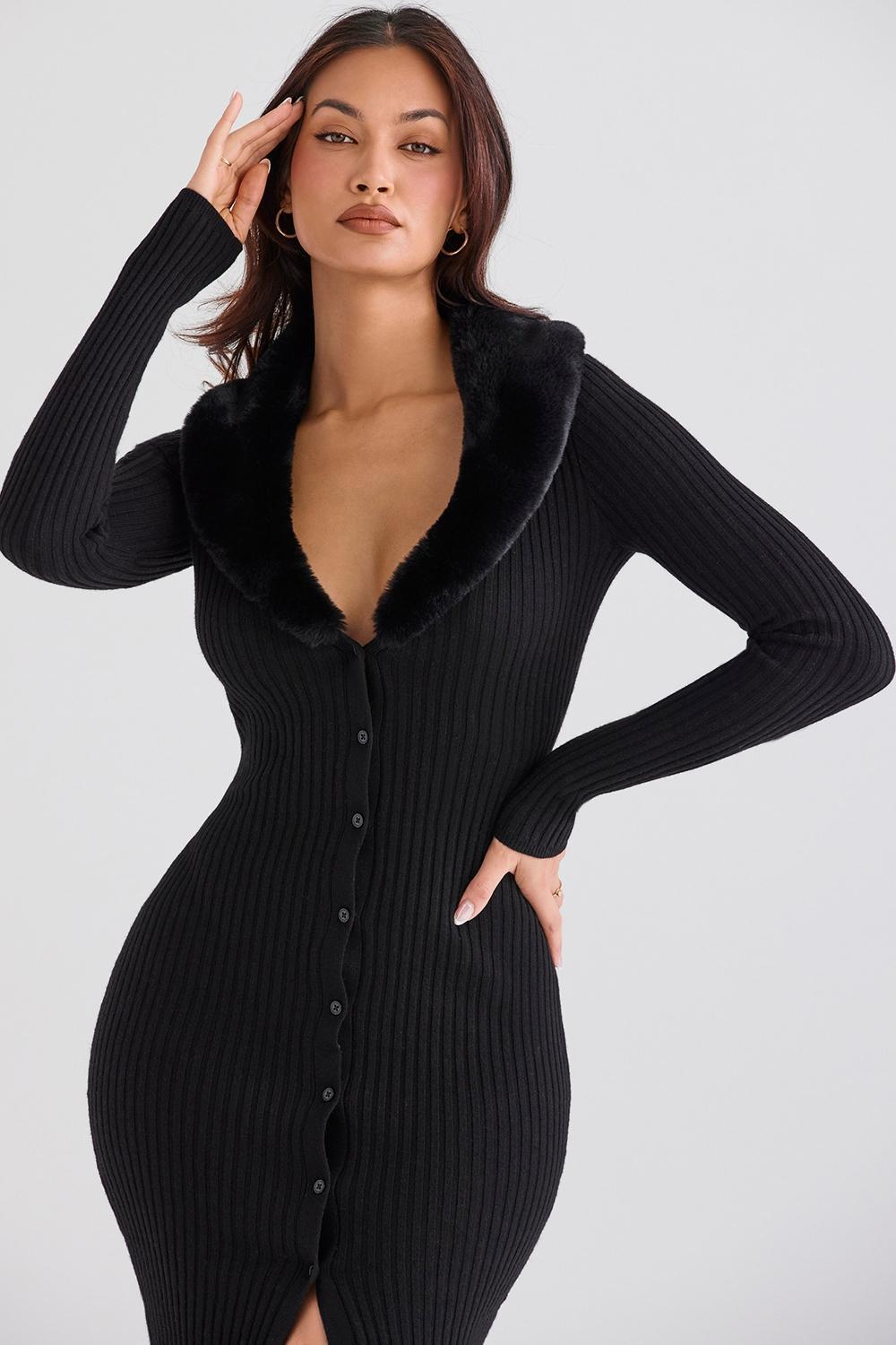 Raine Black Faux Fur Trim Dress Product Image