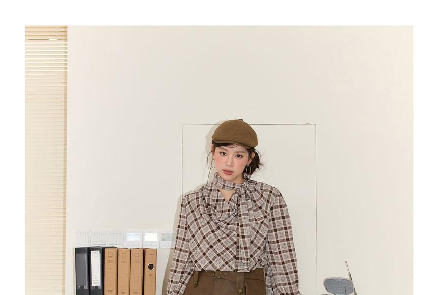 Plus Size Long Sleeve Cowl Neck Plaid Tie-Up Blouse Product Image