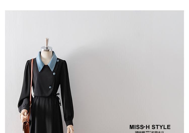 Long Sleeve Contrast Collar Button Mock Two Piece Midi A-Line Dress Product Image