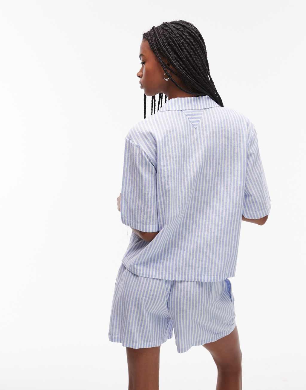 Tommy Hilfiger linen blend short sleeve shirt and shorts pajama set in blue stripe Product Image