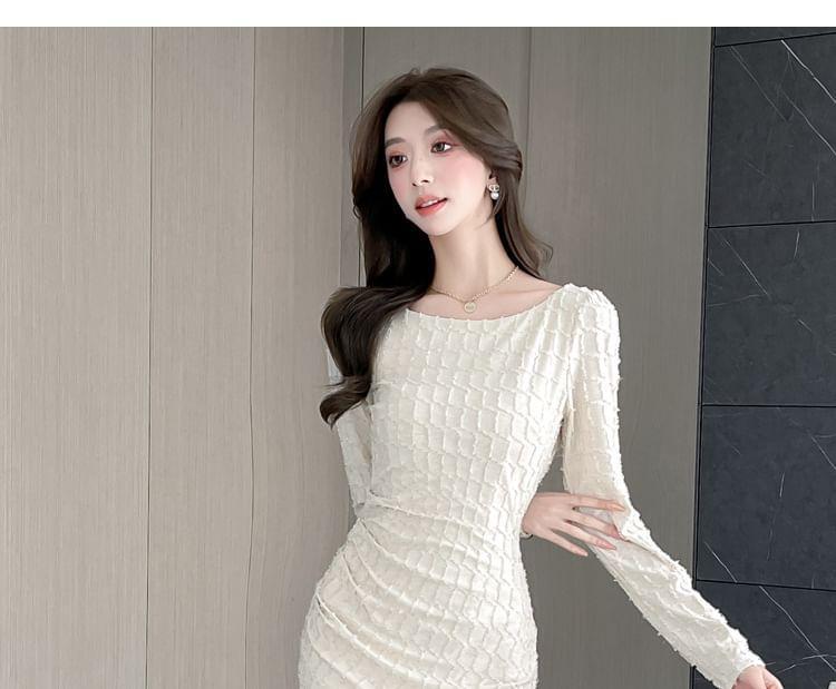 Long Sleeve Round Neck Plain Bodycon Midi Dress Product Image