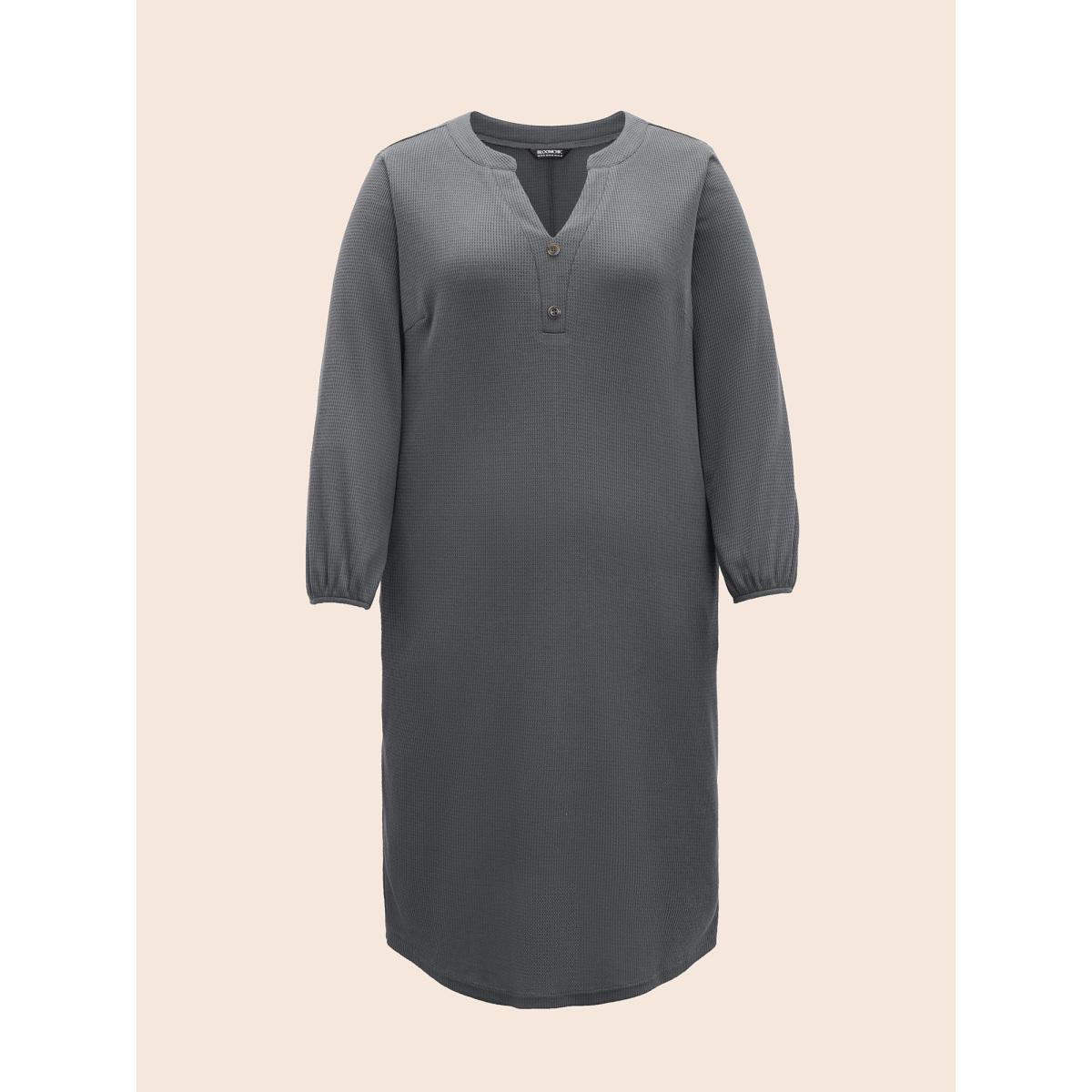 Plus Size Notched Waffle Knit Button Detail Dress DarkGray Women Casual Texture Notched collar Long Sleeve Curvy BloomChic 10/M Product Image