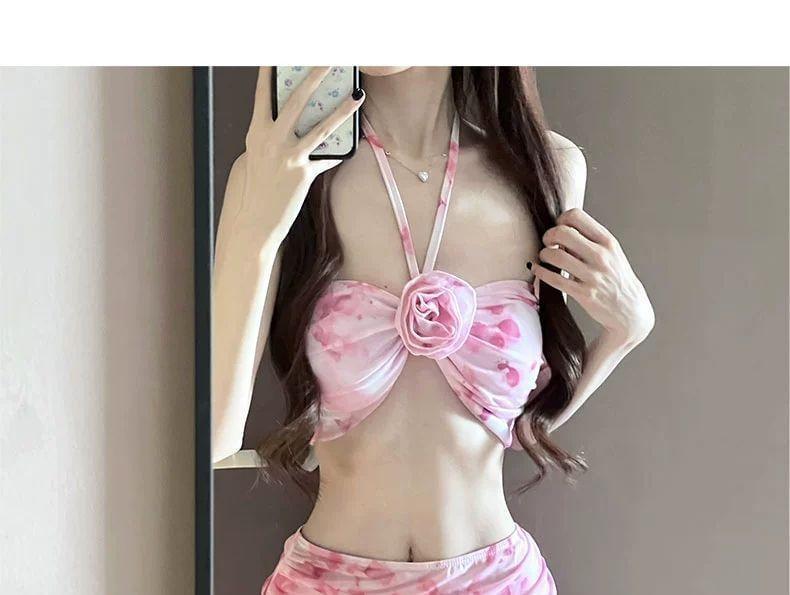 Set: Floral Print Bikini Top + Bottom + Cover-Up Skirt Product Image