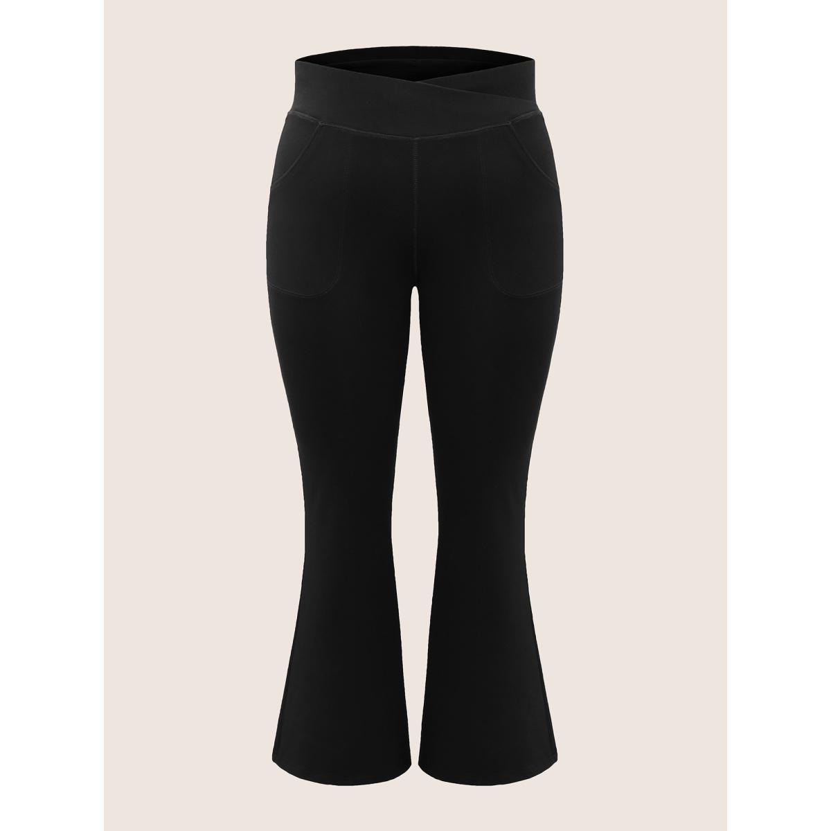 Plus Size Flare Leg Crossover Detail Elastic Waist Pants Women Black Elegant Flare Leg High Rise Everyday Pants BloomChic 18-20/2X Product Image