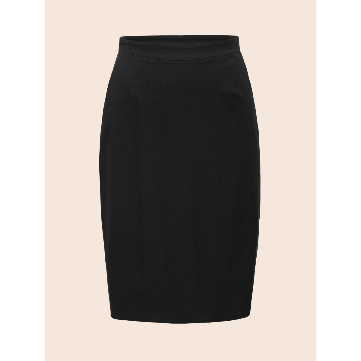 Plus Size Stretch Woven Slit Midi Skirt Women Black At the Office Non Loose Low stretch Slanted pocket Work Skirts BloomChic 28/5X Product Image
