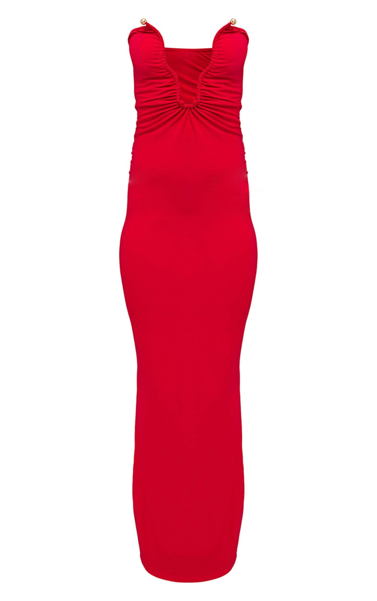 Red Soft Touch Plunge Trim Detail Bandeau Maxi Dress Product Image