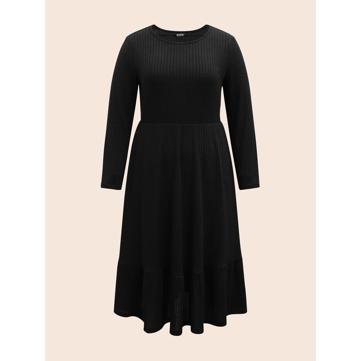 Plus Size Solid Pocket Rib Knit Ruffle Hem Dress Without Belt Black Women Basics Non Round Neck Long Sleeve Curvy Midi Dress BloomChic 14-16/1X Product Image