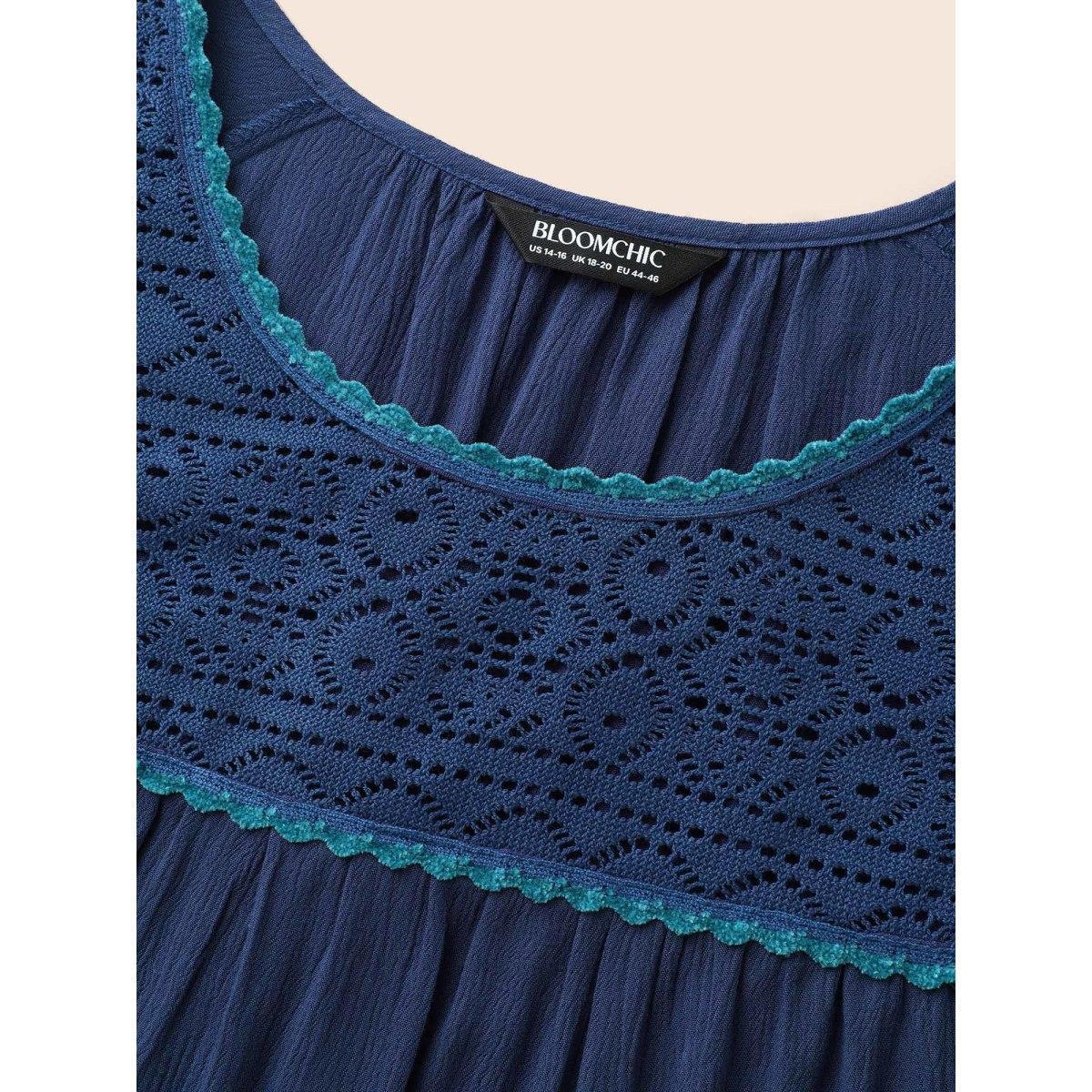 Plus Size Indigo Texture Woven Ribbon Gathered Blouse Women Elegant Long Sleeve Round Neck Everyday Blouses BloomChic 30/6X Product Image