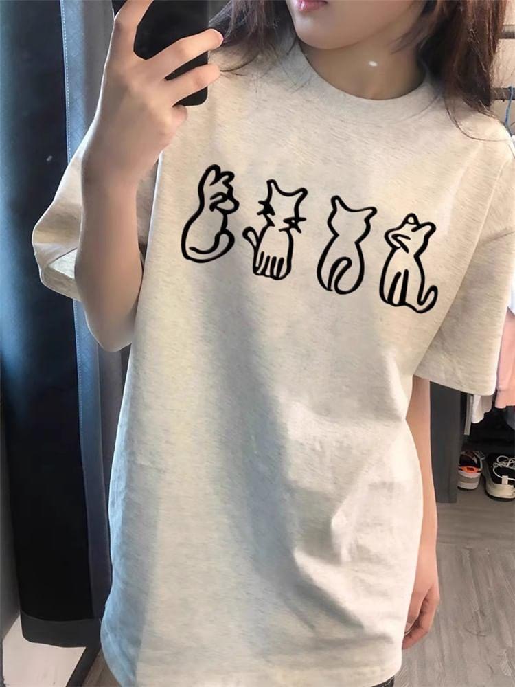 Short Sleeve Crew Neck Cat Print Oversized T-Shirt Product Image