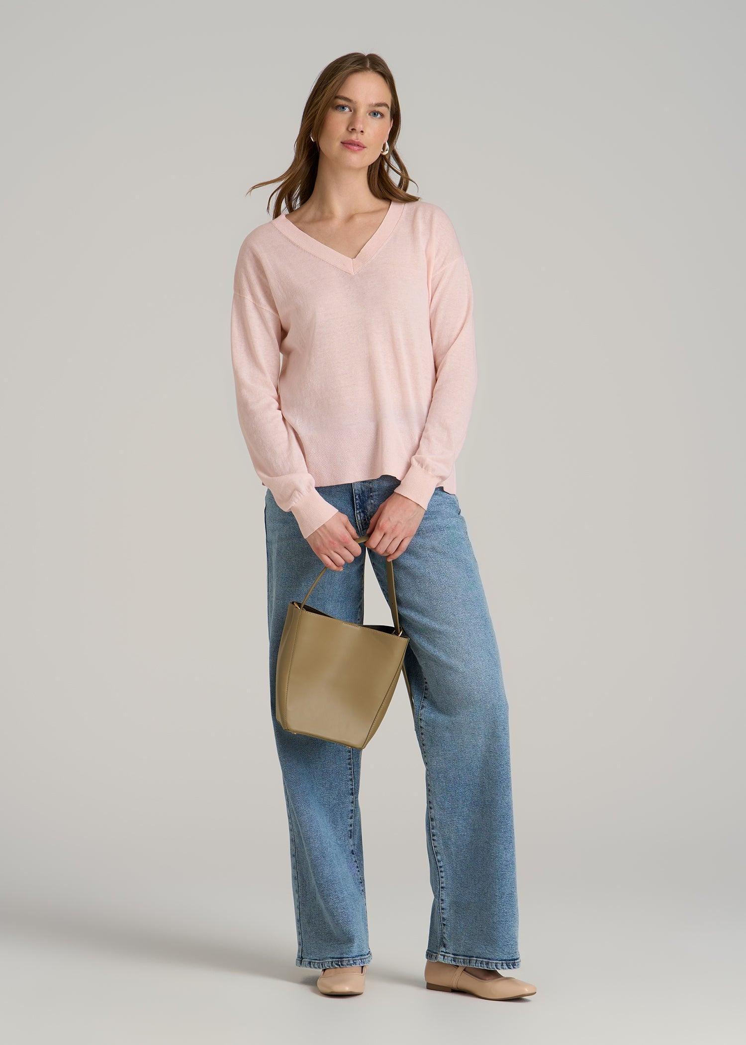 Linen Blend Split Hem V-Neck Sweater for Tall Women in Hush Pink Product Image