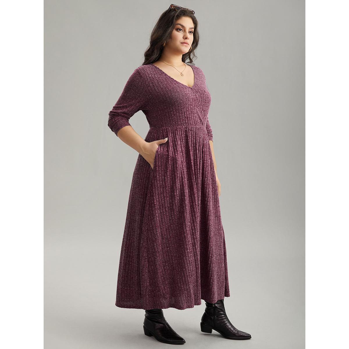 Plus Size Solid Rib Knit Overlap Collar Pocket Dress Purple Women Casual Texture Overlap Collar Long Sleeve Curvy Midi Dress BloomChic 10/M Product Image