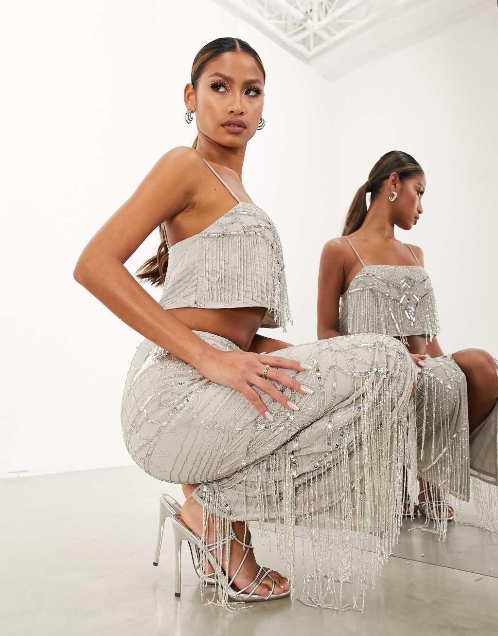 ASOS Edition sequin and fringe artwork midi skirt Product Image