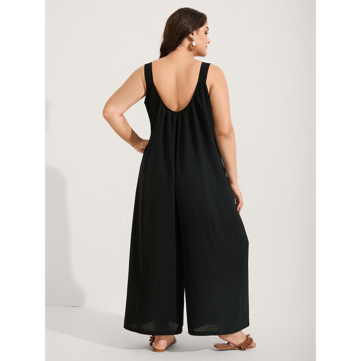 Plus Size Black Crochet Floral Backless Neck Cut-Out Jumpsuit Women Sleeveless V-neck Vacation Loose Jumpsuits BloomChic 12/L Product Image